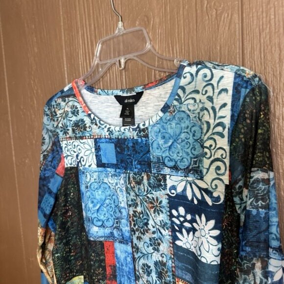 Ali Miles Patchwork Print Blouse Top Sheer Sleeves Size Petite L Colorblock - Picture 2 of 5